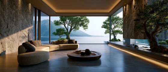 Fototapeta premium Modern Minimalist Living Room with Scenic Waterfront View