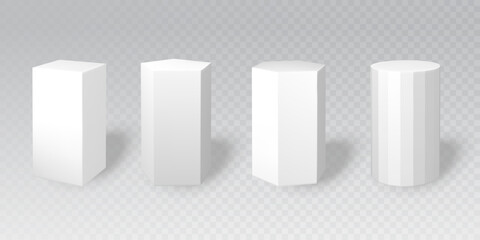 White pillar podium set - elegant 3D stands and platforms for product display. Geometric pedestals in cylinder and pentagon, hexagon and cube shapes with realistic shadows for presentations mockup. © vectorpouch