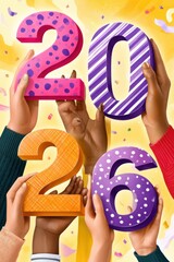 Obraz premium Diverse hands holding colorful 3D numbers forming 2026 for New Year celebration and countdown