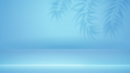 Obraz premium Empty limbo studio background with soft light and palm leaf shadow on wall for product display. Elegant 3D room with gradient blue color, clean floor and minimal stage design for cosmetic mockup.