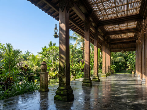 Javanese Heritage Pendopo Corridor with Open Sky Copy Space Upper Left Dappled Tropical Light