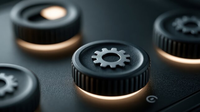 Close-up of black control knobs with gear icons, illuminated from below, on a sleek textured panel, suggesting precision and technical adjustment.