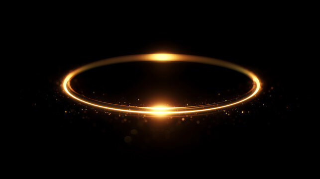 Golden Light Ring with Sparkling Particles on Black Background