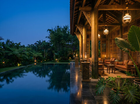 Thai Luxury Resort Pavilion at Dusk Blue Hour with Warm Gilded Columns and Infinity Pool Reflection