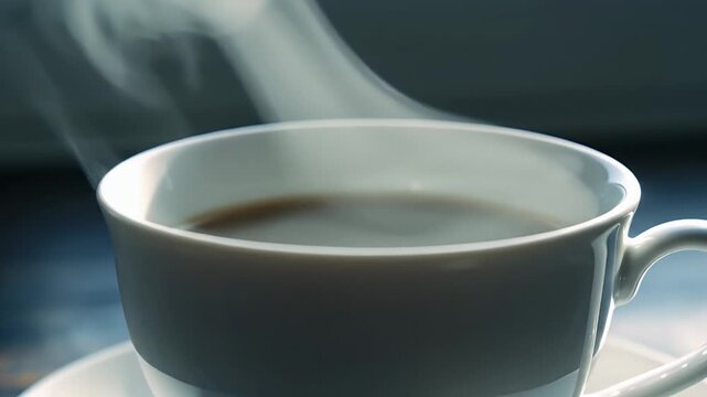 Steaming hot coffee in cup.