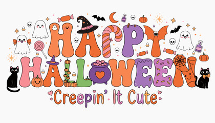 Fototapeta premium Colorful halloween graphic with cute ghosts, cats, and candy