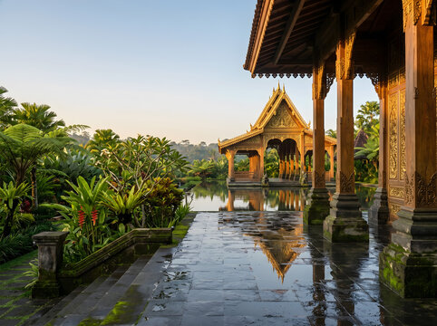 Thai Luxury Resort Garden Terrace Golden Hour with Manicured Tropical Garden and Reflection Pond