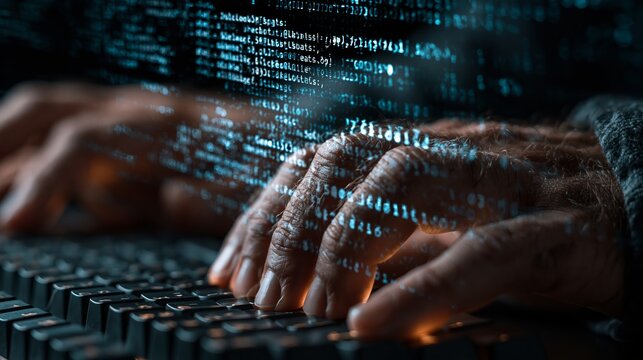 Skilled software developer typing on a keyboard with glowing blue computer code streams displaying in a dark room environment setting