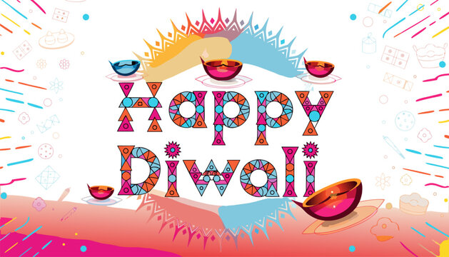 Vibrant happy diwali celebration graphic with colorful lights and decorations