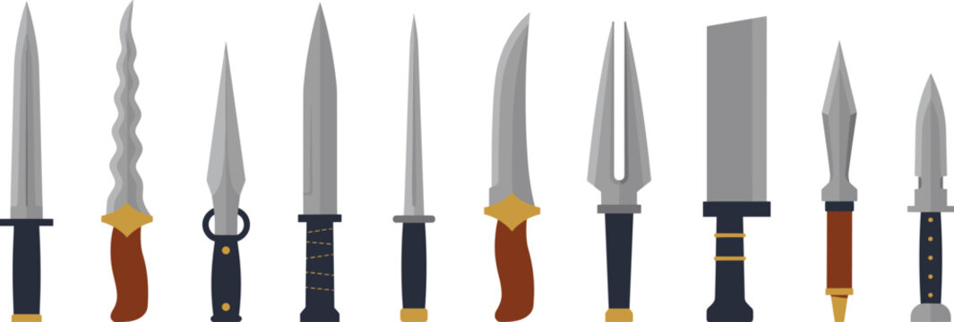 Tactical Dagger and Combat Knife Vector Set with Various Steel Blade Shapes, Hunting Machetes, and Military Survival Daggers for Gaming Assets