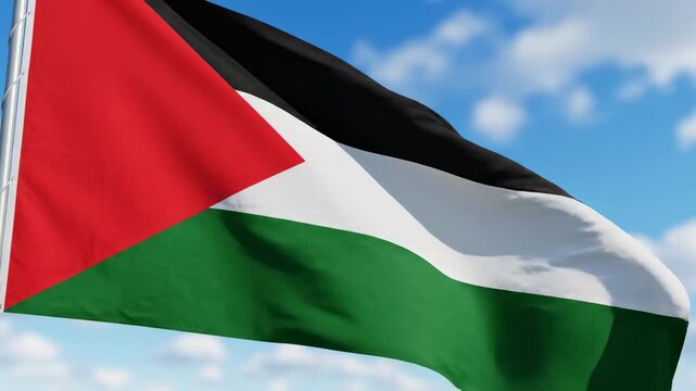 Palestinian flag with black, white, green stripes and red triangle waving on flagpole against blue sky with clouds, slow pan close-up video, concept of Palestinian national identity and solidarity