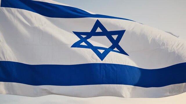 Israeli flag with blue Star of David, horizontal stripes waving, overcast sky, crane video transitioning to close-up with shallow depth of field, Israeli national identity and Jewish heritage