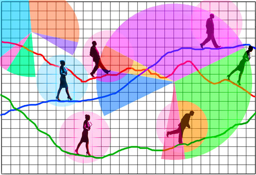 Silhouettes walking on colorful business graphs and pie charts