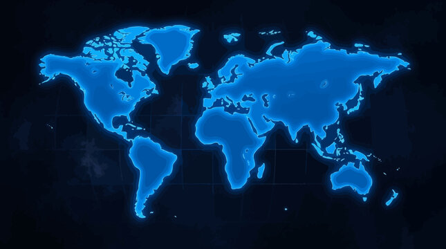 Glowing blue digital world map silhouette on dark background.