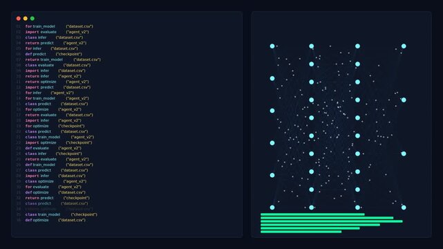Artificial intelligence neural network visualization with real-time code processing animation