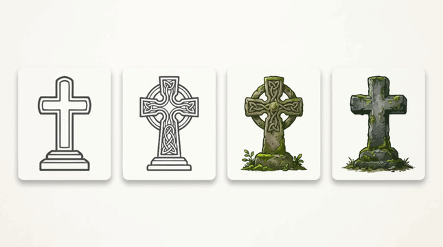 Cemetery gravestone and celtic cross icons set.