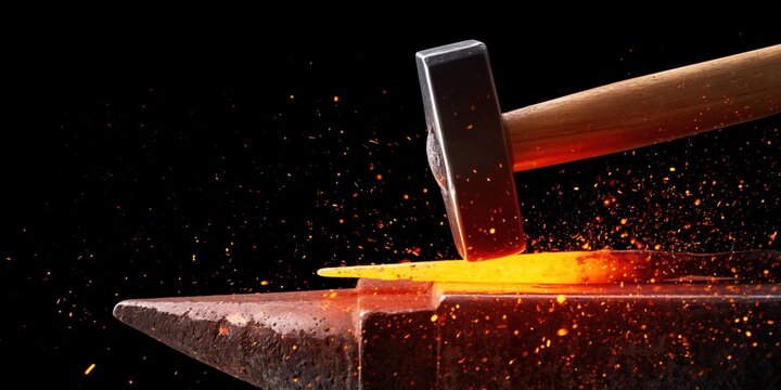 Hot forged steel being shaped on an anvil with sparks flying, a blacksmith's craft
