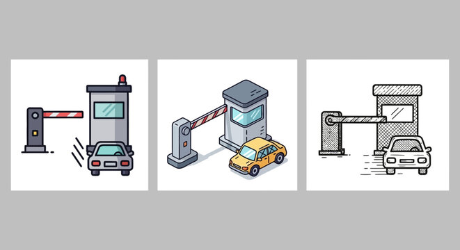 Toll booth security gates and vehicle entry control icons.