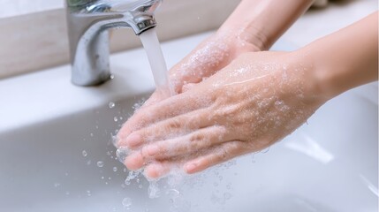 Fototapeta premium Hands with soap bubbles rinsing under running water from a tap in a white sink, symbolizing cleanliness and personal care