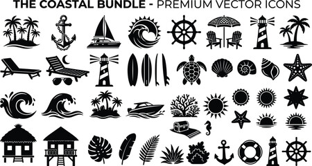 Obraz premium Premium coastal bundle set of nautical, beach, sea life, and summer vacation black silhouette icons
