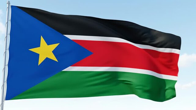 South Sudan flag with black, red and green stripes, white borders, blue triangle, yellow star waving on flagpole against blue sky, crane close-up, South Sudanese independence and national pride