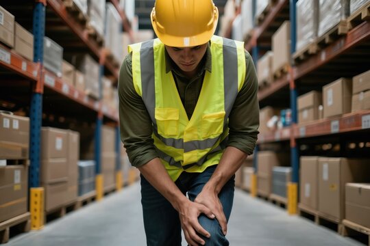Warehouse worker holds sore knee. Man in safety vest and hard hat feels pain. Injury in distribution center. Physical discomfort and occupational hazard concept.