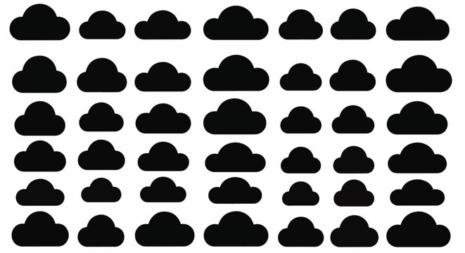 Collection of 42 black cloud silhouettes and abstract rounded blob shapes in a grid pattern on a white background, featuring various widths and smooth minimalist flat design edges.