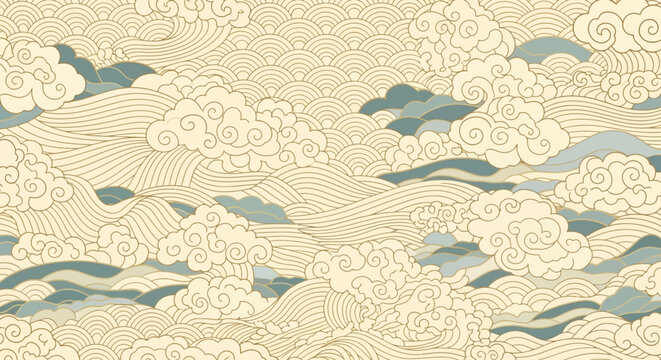 An abstract illustration of clouds and waves with a vintage, artistic aesthetic