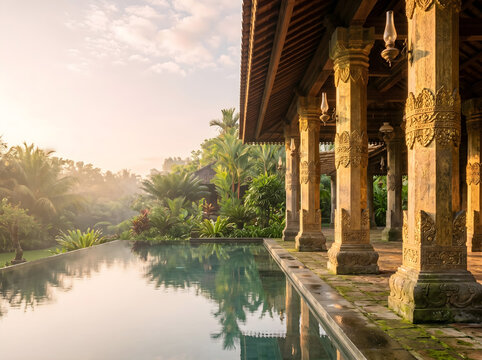 Thai Luxury Resort Pavilion Early Morning Soft Golden Light with Calm Infinity Pool and Mist