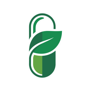 Green capsule pill icon with a leaf, natural medicine and organic supplement concept