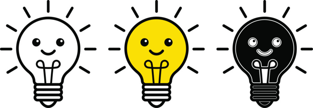 Three smiling light bulbs with different colors and brightness levels