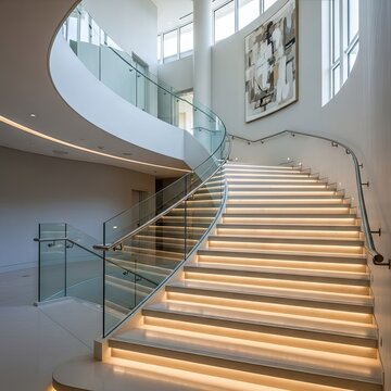 Illumination emphasizes the sweeping curves of a grand interior staircase with glass railings