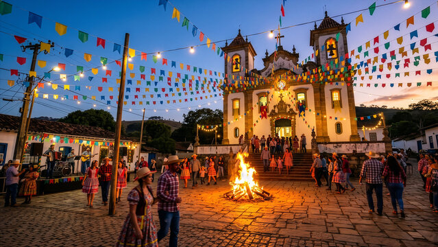 Brazilian Festa Junina Celebration at Dusk with Bonfire, Dancing Crowd, Live Music Stage and Colorful Bunting Flags in Historic Church Square