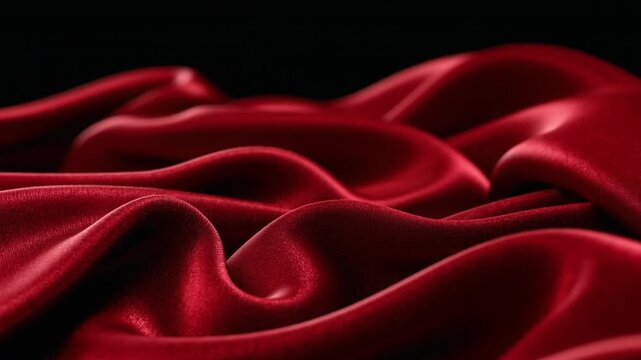 Close-up of smooth red silky fabric with flowing folds and soft texture creating elegant and luxurious appearance on dark background