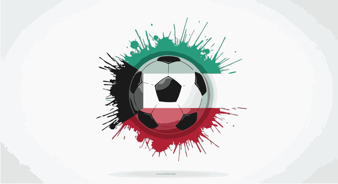 Soccer ball at the center of a paint splash with the colors of the Kuwait flag, green, white, red, and black, on a light background for sports and national competition.