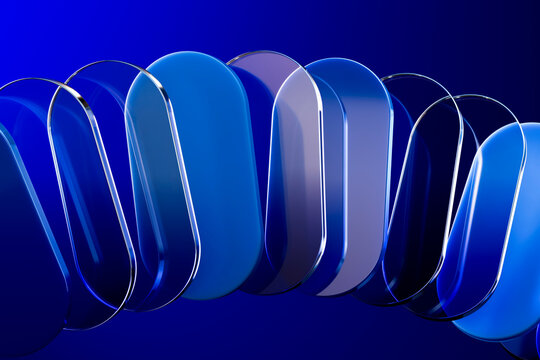 Abstract 3D blue glass geometric shapes in a curved sequence