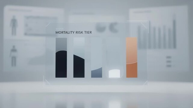 Medium shot of a digital dashboard highlighting AIgenerated mortality risk tiers with blurred background of anonymized patient data for focused analysis.