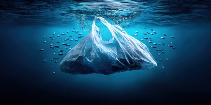Plastic bag drifts like a ghost among small fish in the deep blue ocean