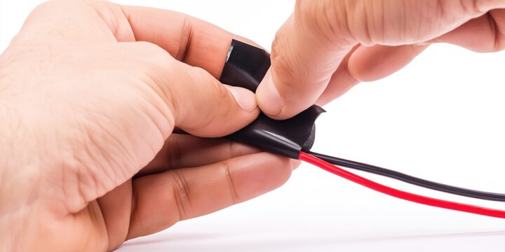 Close-up of hands applying black electrical tape to red and black wires for insulation