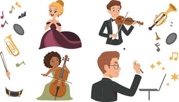 Classical Classical Orchestra Musicians Set with Symphony Conductor, Opera Singer, Violinist, and Cellist with Musical Instruments Vector Illustration