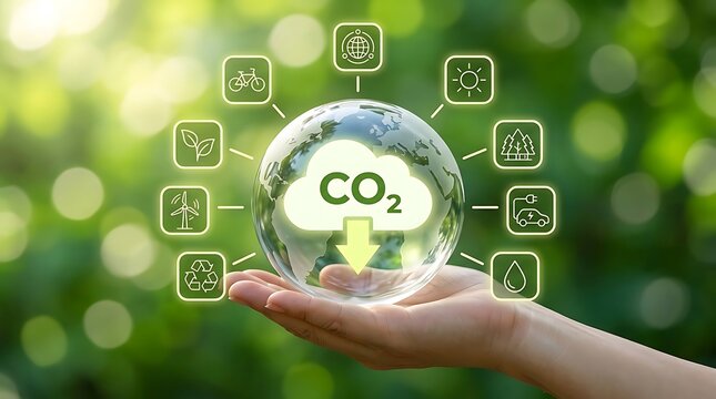 Hand holding transparent globe with CO2 cloud symbol and eco-friendly icons representing sustainability and carbon reduction efforts.