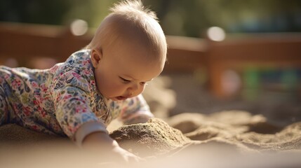 Fototapeta premium Baby plays in sand at playground on a sunny day