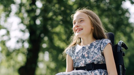 Fototapeta premium Girl in wheelchair smiles in park on sunny day surrounded by trees