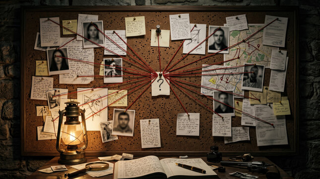 Cork board filled with photos, maps, and notes connected by red strings, mystery concept.