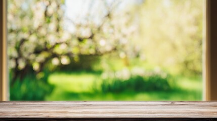 Fototapeta premium Wooden table with blurred garden view in background on a sunny day