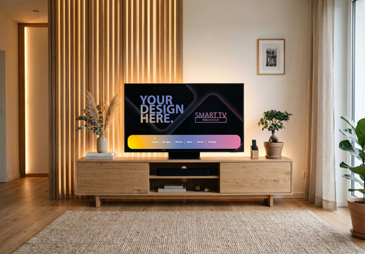 Smart Tv Mockup on the console in living room