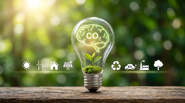 Light bulb with brain symbol showing CO2 and sprouting plant inside, symbolizing eco-friendly ideas, sustainable energy, and carbon footprint reduction