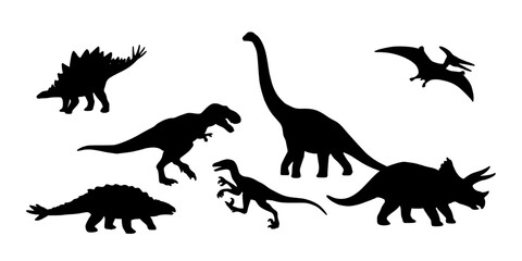 Fototapeta premium Dinosaurs in Various Poses and Styles, Including Silhouettes and Detailed Outlines, Arranged in a Grid Pattern.