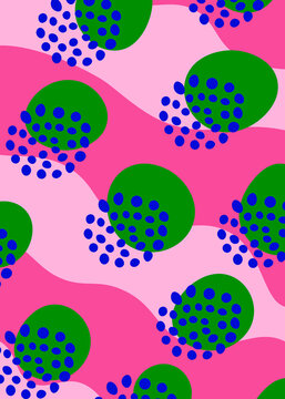 Abstract tropical pattern with vibrant pink waves and green circles