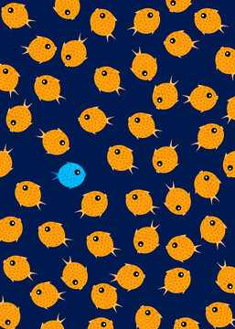 One blue fish swimming opposite to a group of orange fish